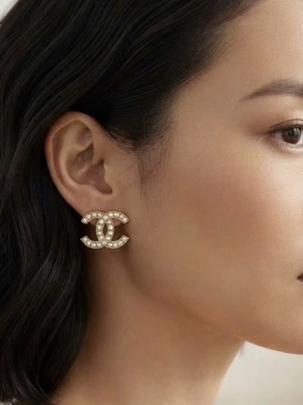 CHANEL Crystal Pearl Stud Earrings